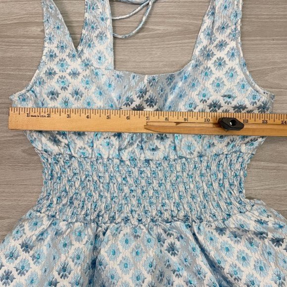 Hill House The Cher Metallic A Line Mini Dress Snowflake Brocade Blue/ White S - Picture 9 of 10